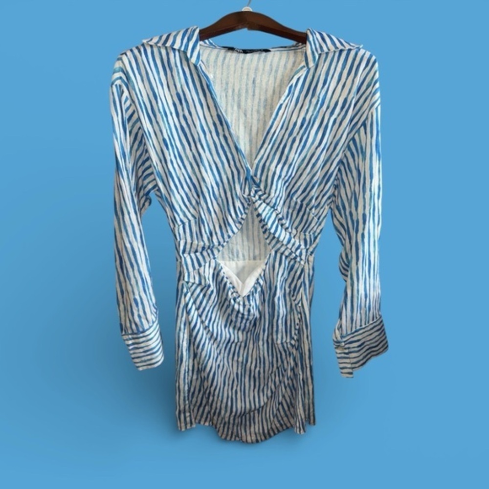 Zara Blue and White Striped Long Sleeve Midriff Bearing Long Sleeve Mini Dress
